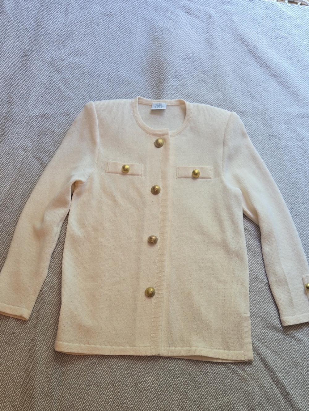 Vintage Made in USA Off-White Wool Blend Cardigan Jacket Gold Buttons Small
